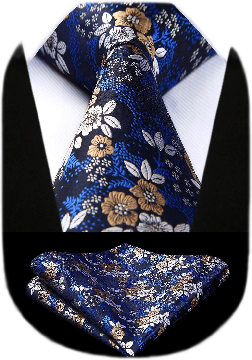 Men Floral Ties Woven Classic 3.4" NeckTie Set Formal Tie Pocket Square for Wedding with Handkerchief