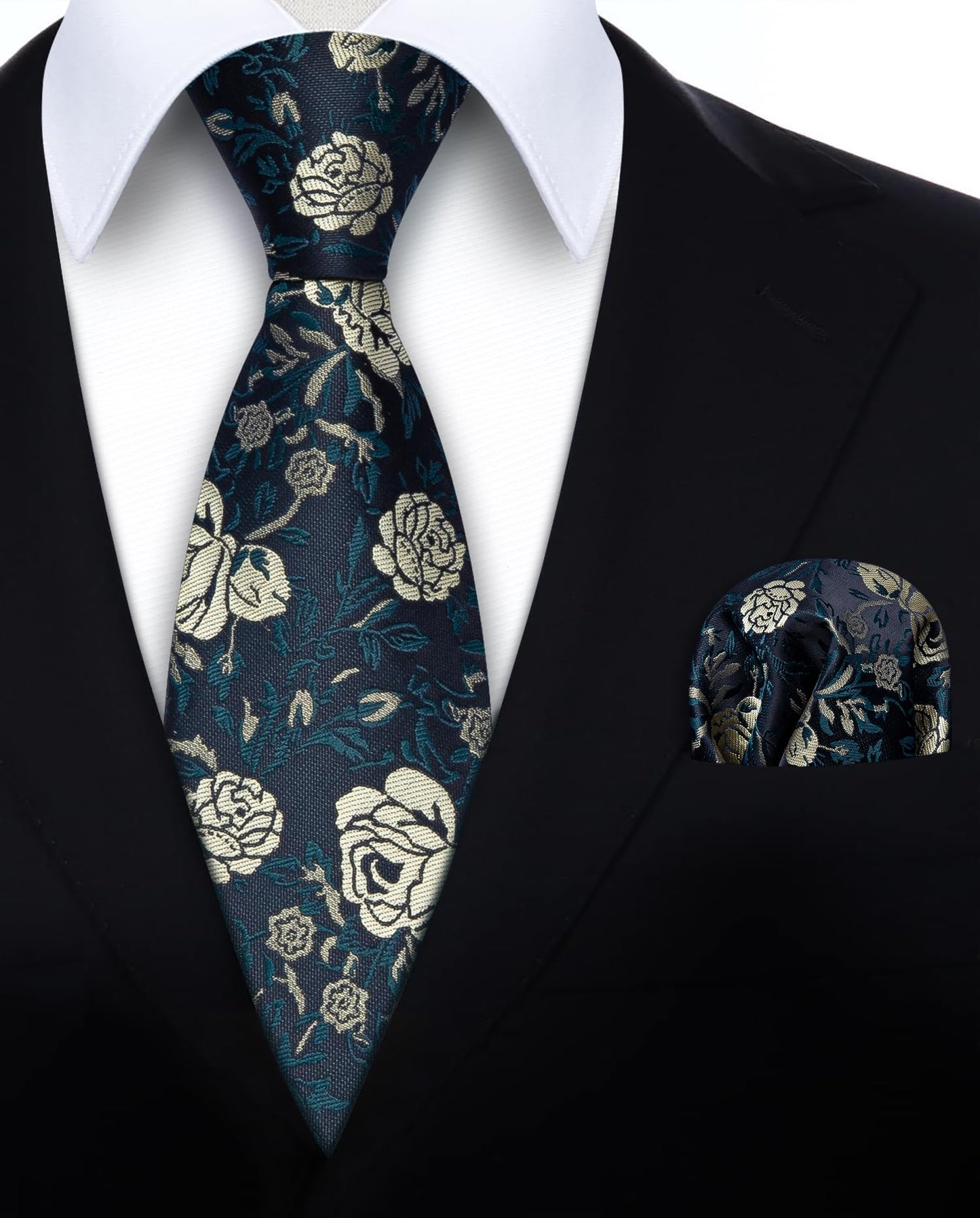 Men Floral Ties Woven Classic 3.4" NeckTie Set Formal Tie Pocket Square for Wedding with Handkerchief