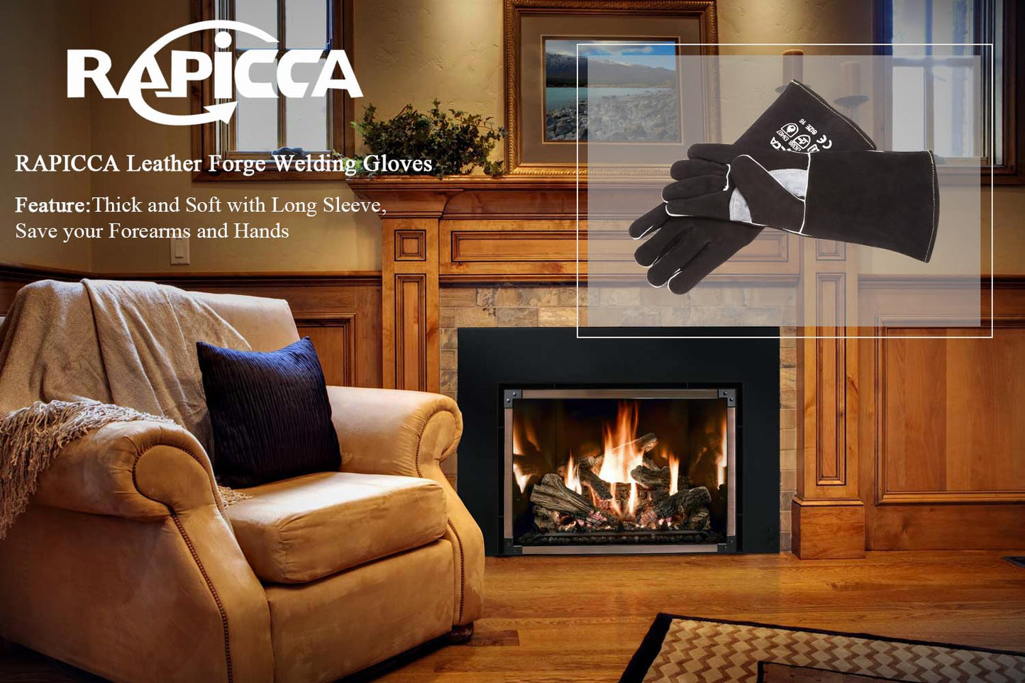 RAPICCA Fireplace Gloves Fire Heat Resistant: Dark-Grey 16IN 932℉ - Fireproof Leather for Fireplace Fire pit Wood stove Campfire Furnace BBQ Grill Stick Mig Welding Welder Gear - one size