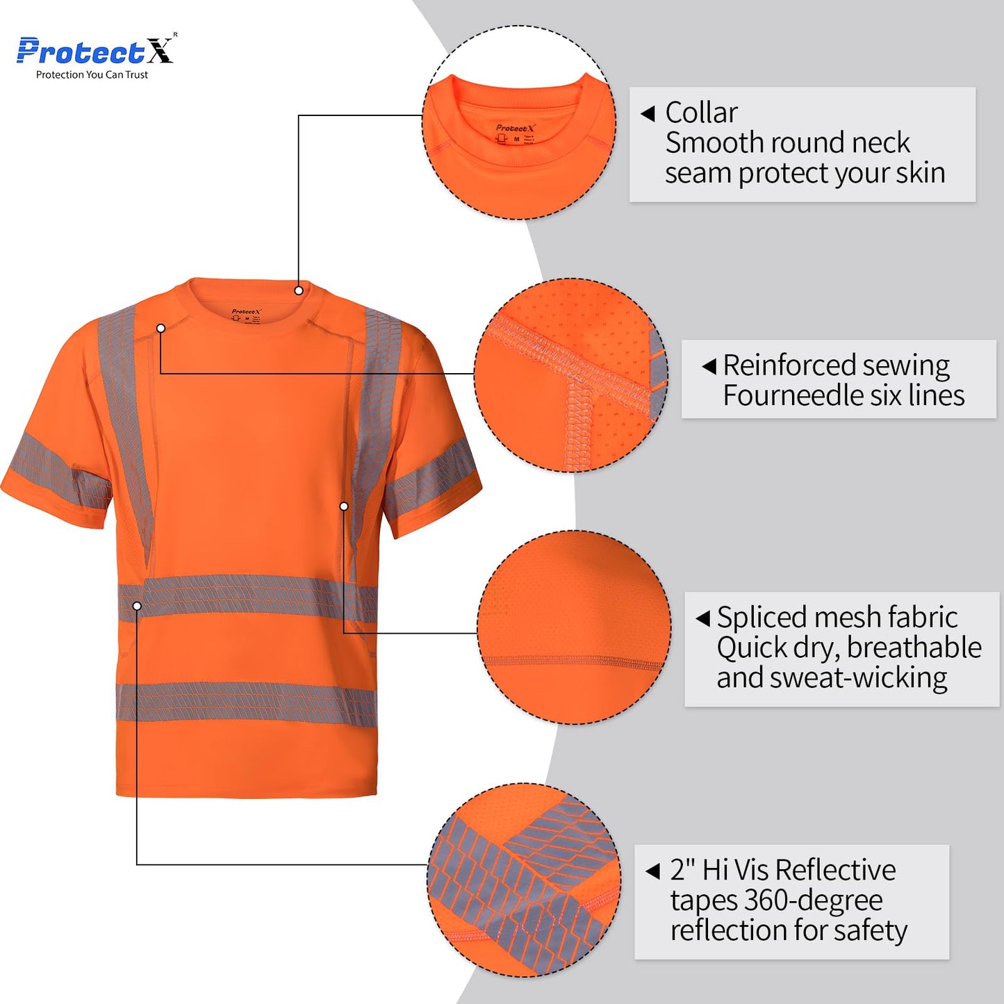 ProtectX High Visibility Short Sleeve Reflective Safety T-Shirt, Men's Heavy Duty Breathable Hi Vis Shirts, Class 2 Type R