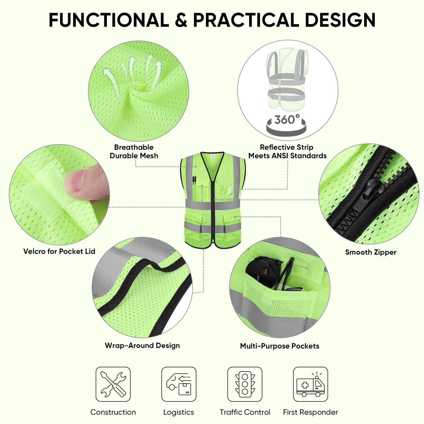 TICONN Reflective Safety Vest High Visibility Class II Mesh Vest for Women & Men Meets ANSI Standards