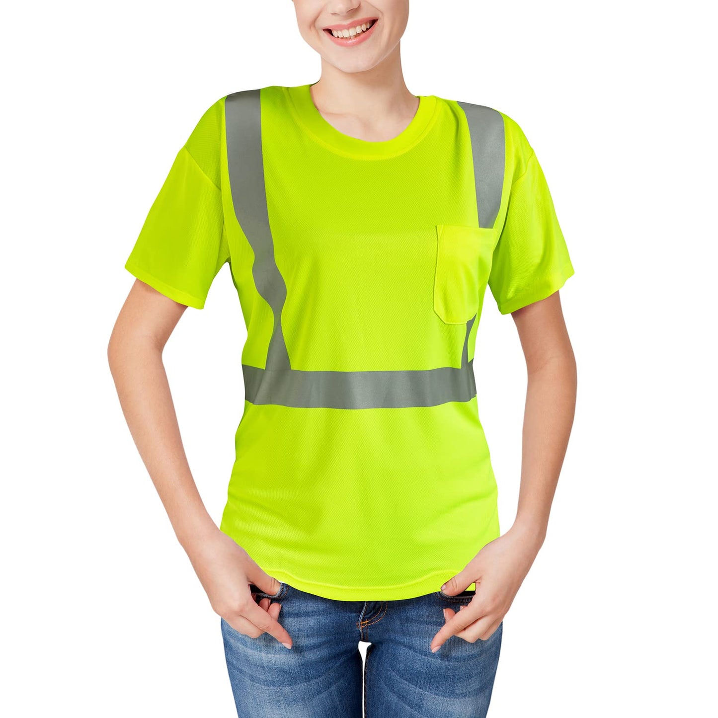 High Visibility Shirts Quick Dry Safety T Shirts with Reflective Strips and Pocket Short Sleeve Mesh Hi Vis Construction Work Class 2 Shirt for Men/Women Black Bottom Lime,Medium