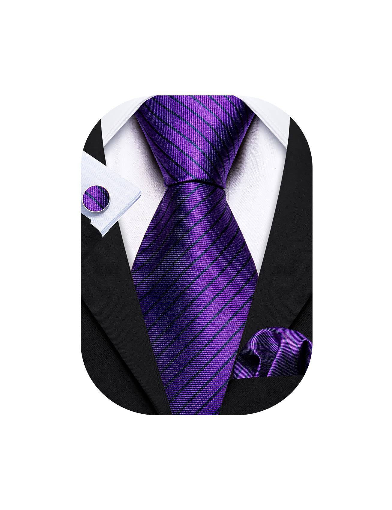 Barry.Wang Stripe Men Ties Set Classic WOVEN Necktie with Handkerchief Cufflinks Formal