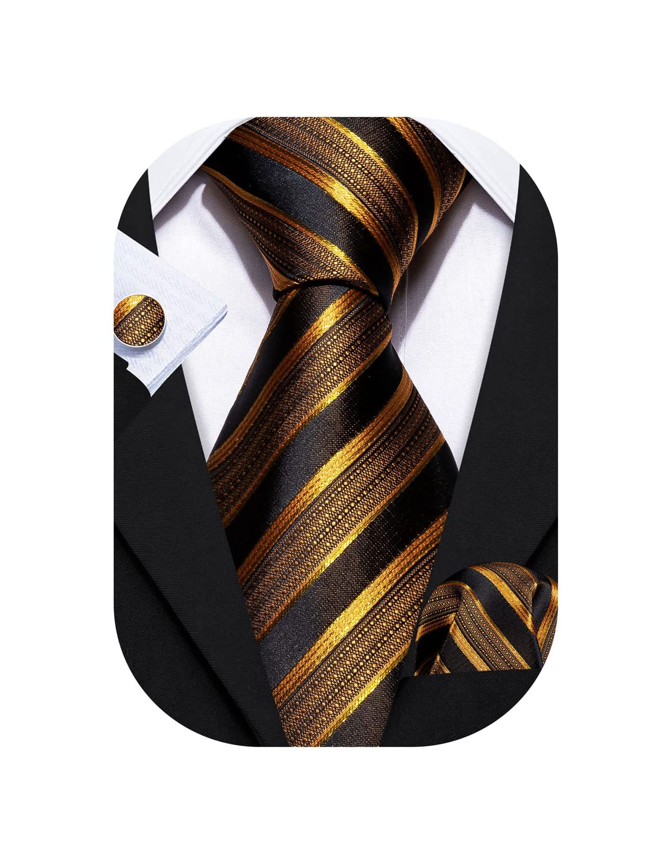 Barry.Wang Stripe Men Ties Set Classic WOVEN Necktie with Handkerchief Cufflinks Formal