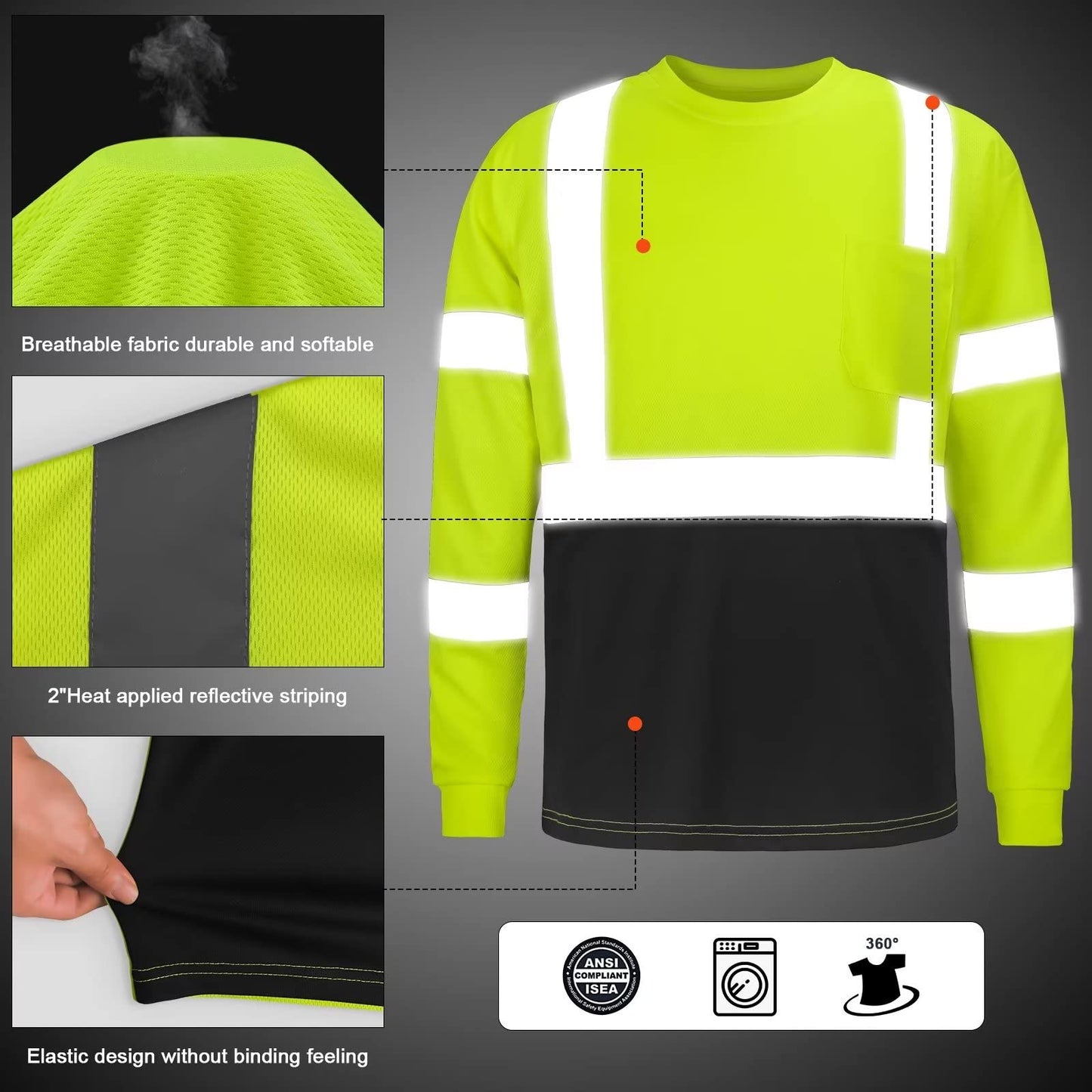 High Visibility Shirts Quick Dry Safety T Shirts with Reflective Strips and Pocket Short Sleeve Mesh Hi Vis Construction Work Class 2 Shirt for Men/Women Black Bottom Lime,Medium