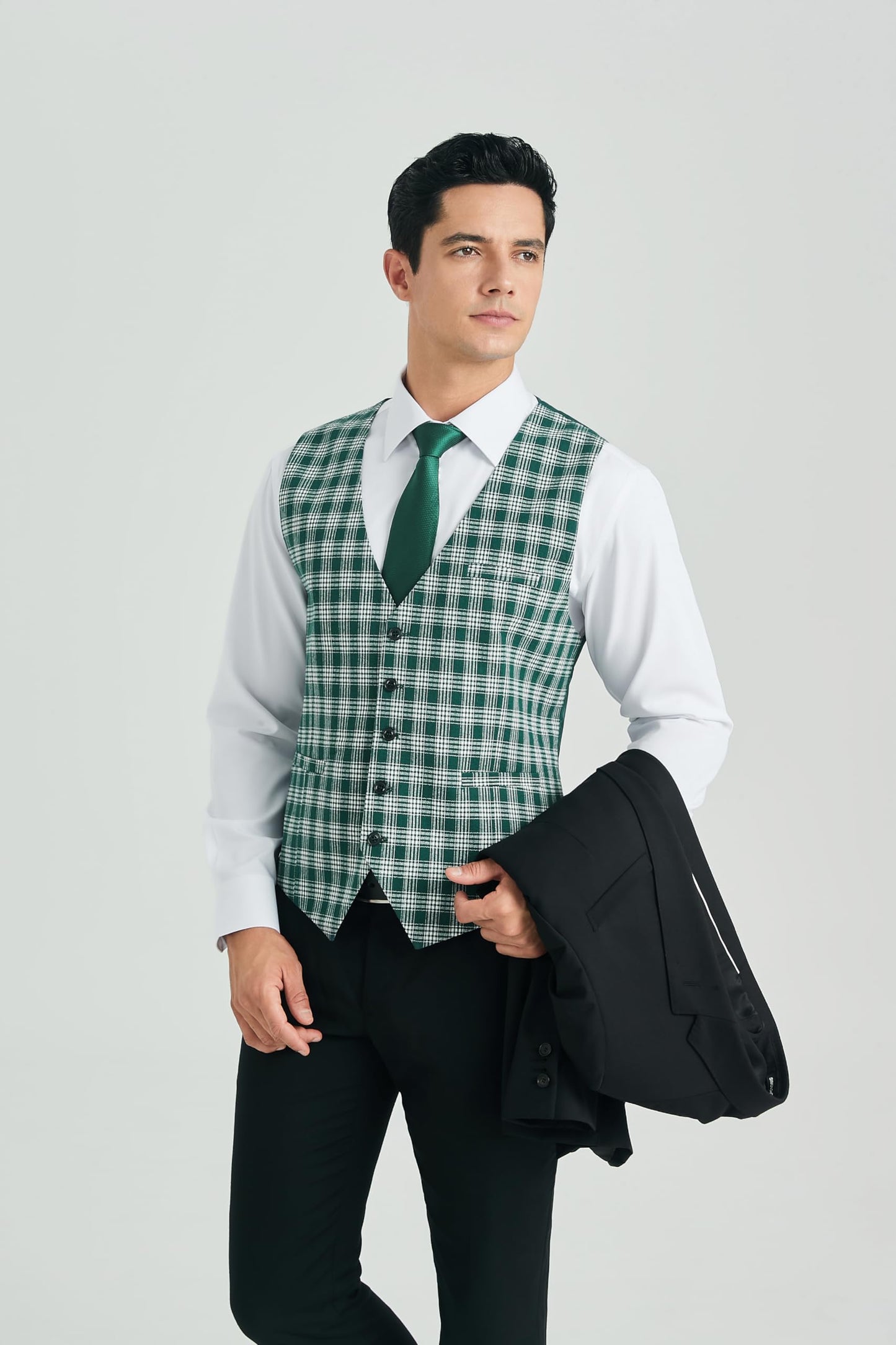 HISDERN Men's Suit Vest Plaid Dress Vest for Men Slim Fit Formal Business Waistcoat Tuxedo V-Ncek Solid Vest for Wedding