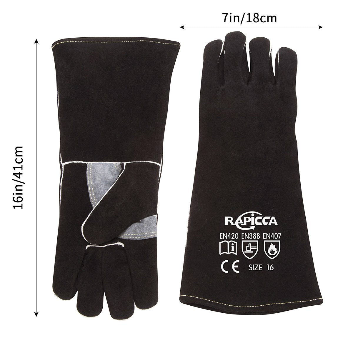 RAPICCA Fireplace Gloves Fire Heat Resistant: Dark-Grey 16IN 932℉ - Fireproof Leather for Fireplace Fire pit Wood stove Campfire Furnace BBQ Grill Stick Mig Welding Welder Gear - one size