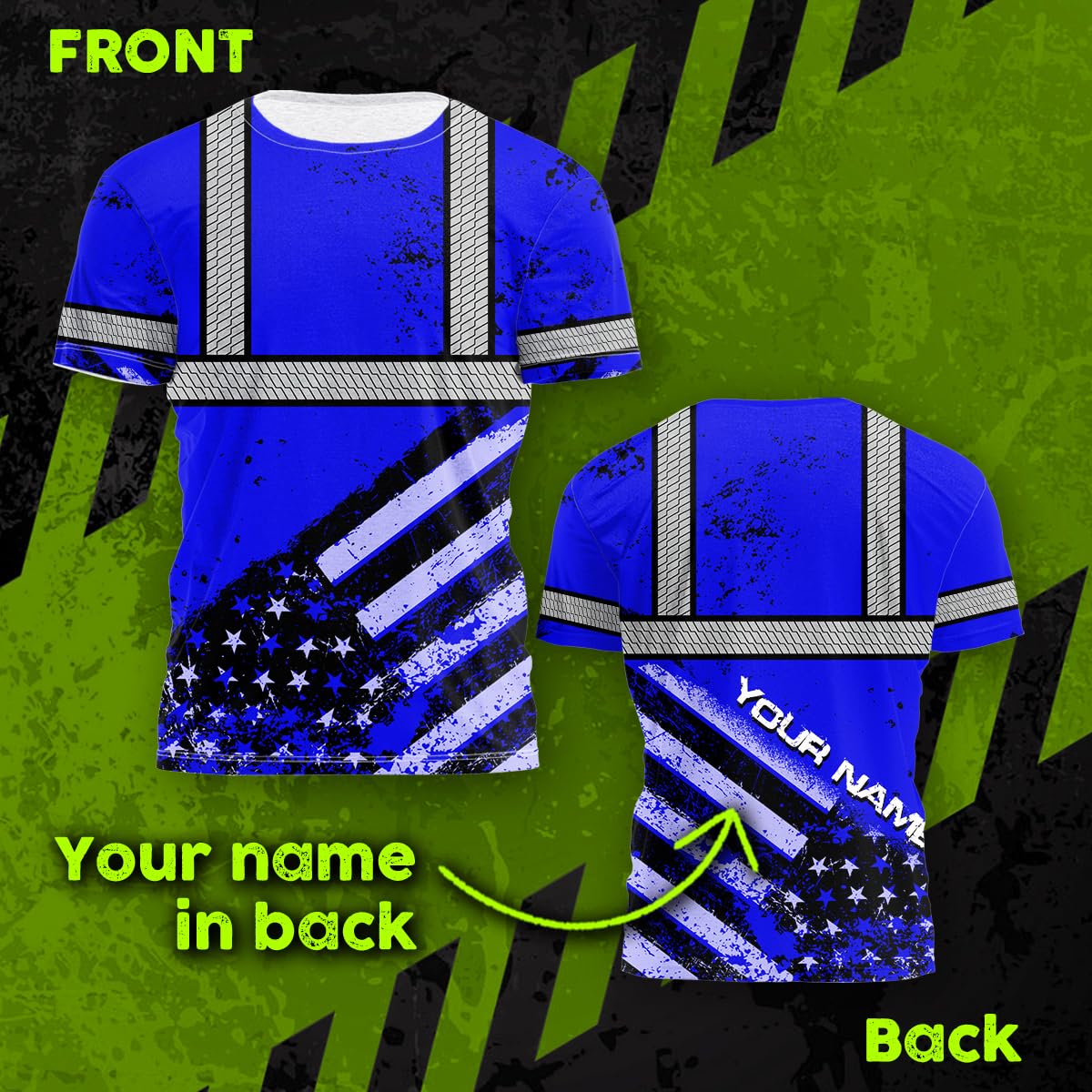 Color US Flag Skull High Visibility Shirt for Men Custom Name Safety Shirts Workwear for Patriotic, Runners