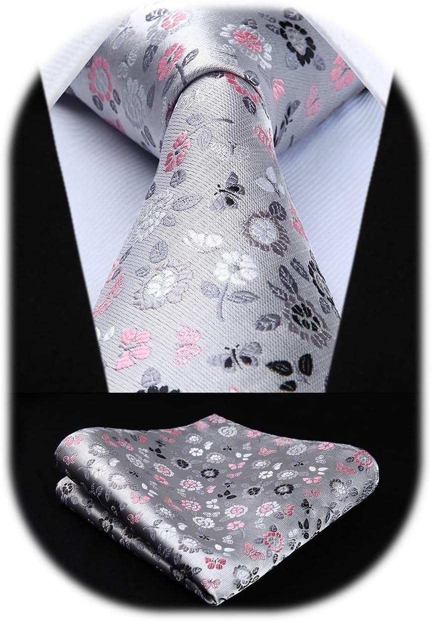 Men Floral Ties Woven Classic 3.4" NeckTie Set Formal Tie Pocket Square for Wedding with Handkerchief