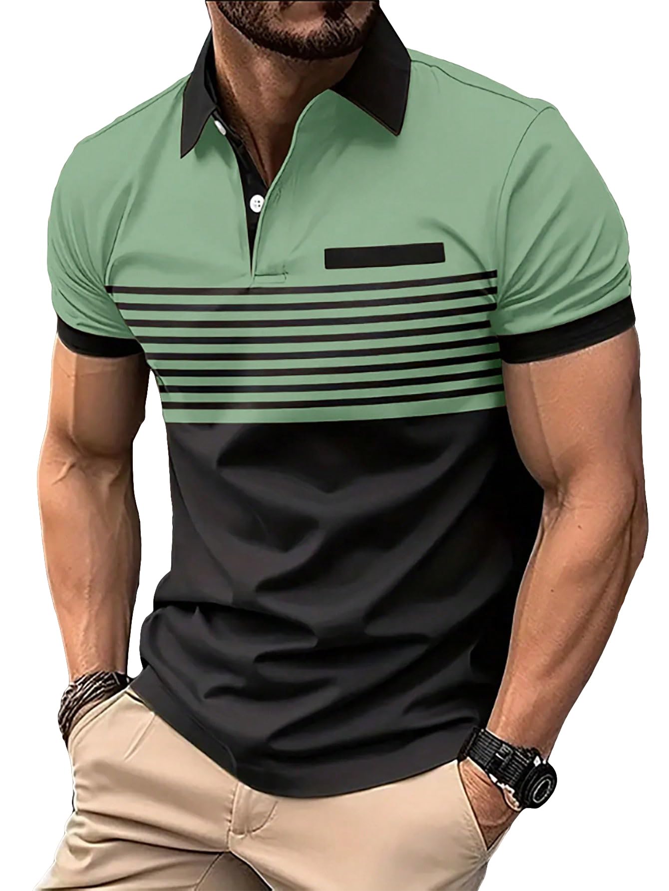 SOLY HUX Men's Golf Polo Shirts Short Sleeve Collar Tennis Shirt Color Block Striped Work T-Shirt