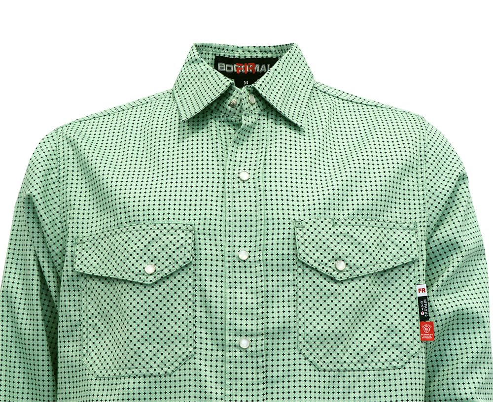 BOCOMAL FR Shirts for Men Printed Plaid Flame Resistant Clothing 6.5oz Cotton Button Up Welding Shirts NFPA2112 CAT2