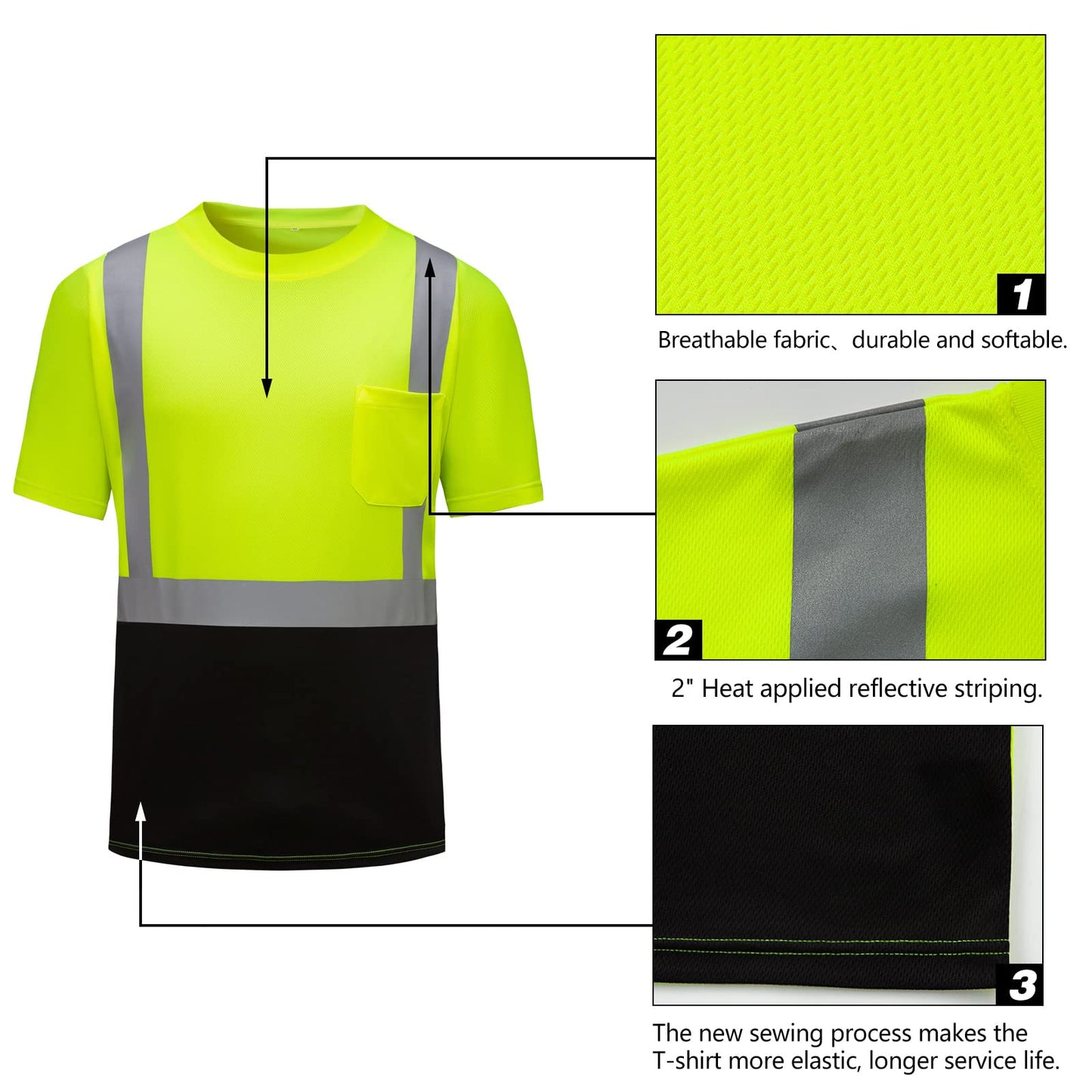 High Visibility Shirts Quick Dry Safety T Shirts with Reflective Strips and Pocket Short Sleeve Mesh Hi Vis Construction Work Class 2 Shirt for Men/Women Black Bottom Lime,Medium