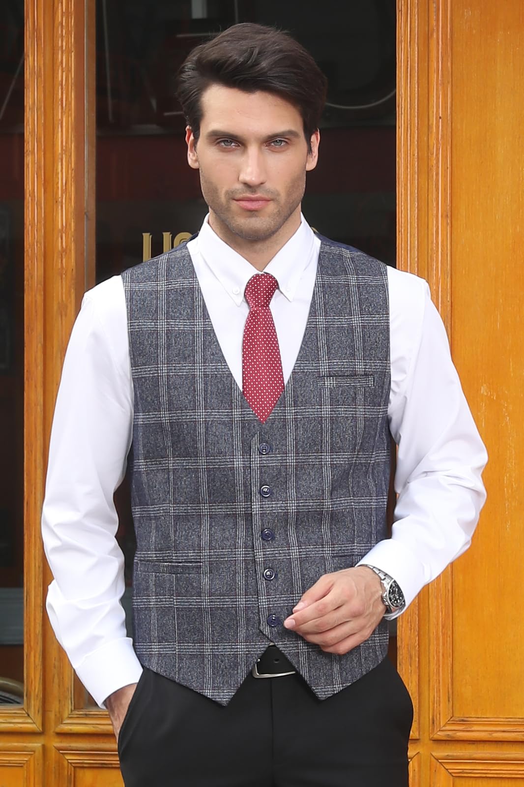 HISDERN Men's Suit Vest Business Plaid Formal Dress Waistcoat Slim Fit Vests for Men with 3 Pocket for Suit or Tuxedo