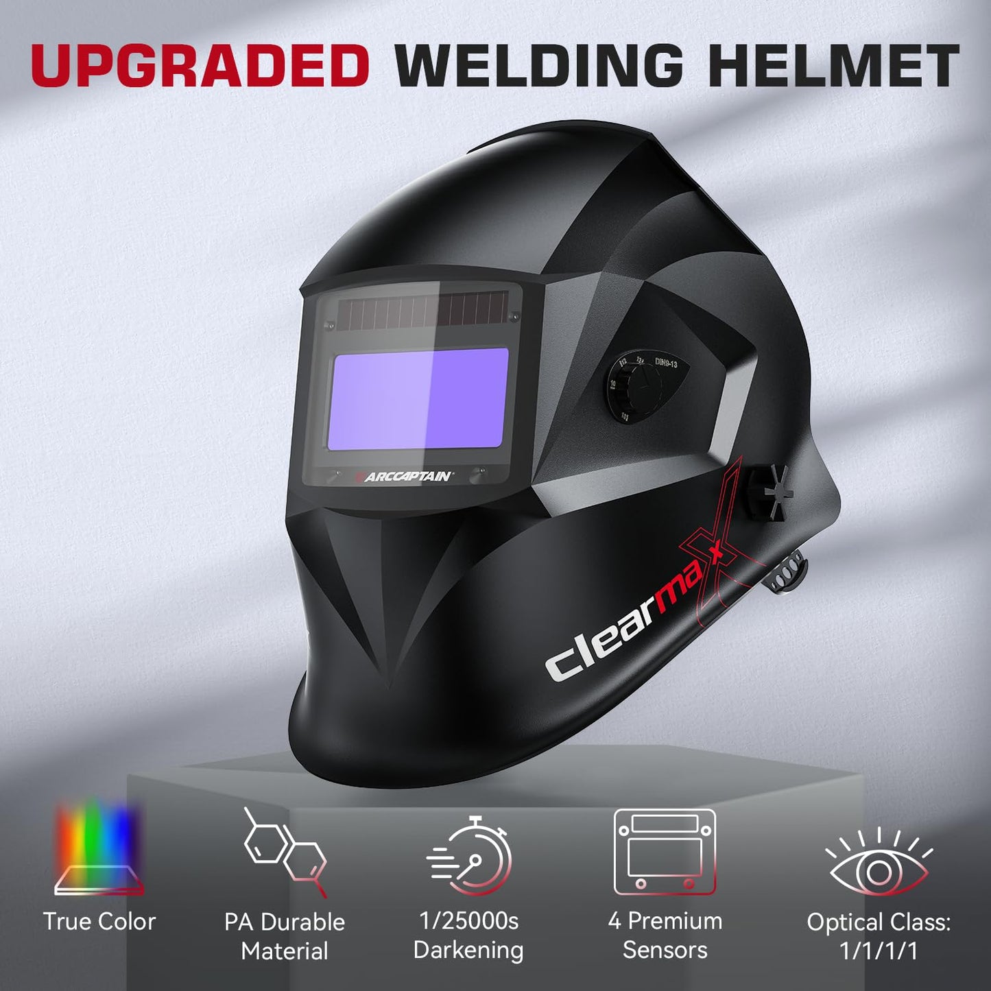 ARCCAPTAIN Large Viewing Screen Welding Helmet, 1/1/1/1 Top Optical Clarity Auto Darkening Welding Hood, 4 Arc Sensor 1/25000s Response Time True Color Weld Hood Helmet HSH-S800 Skeleton Knight