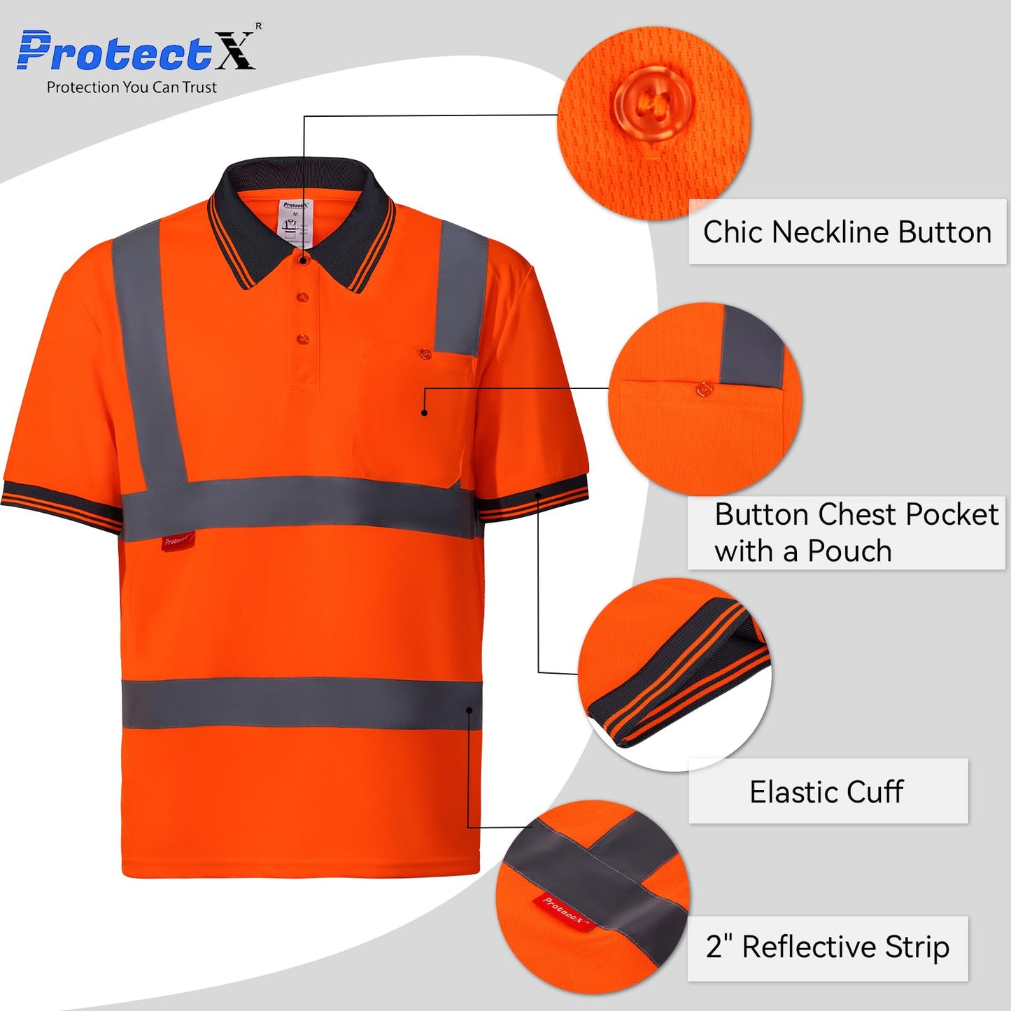 ProtectX High Visibility Short Sleeve Reflective Safety T-Shirt, Men's Heavy Duty Breathable Hi Vis Shirts, Class 2 Type R