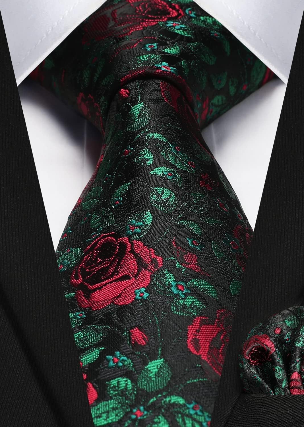 Men Floral Ties Woven Classic 3.4" NeckTie Set Formal Tie Pocket Square for Wedding with Handkerchief