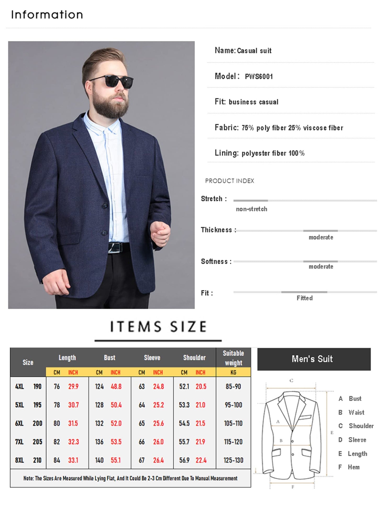 Men's Plus Size Blazer Two Button Business Suit Jacket Wedding Stylish Dress