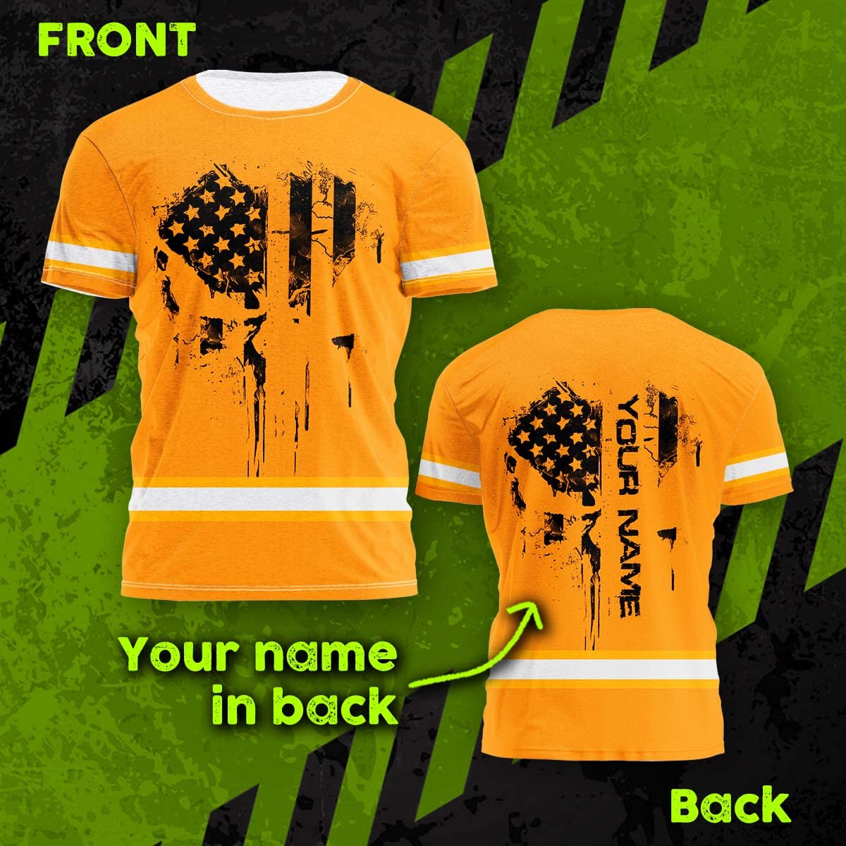 Color US Flag Skull High Visibility Shirt for Men Custom Name Safety Shirts Workwear for Patriotic, Runners