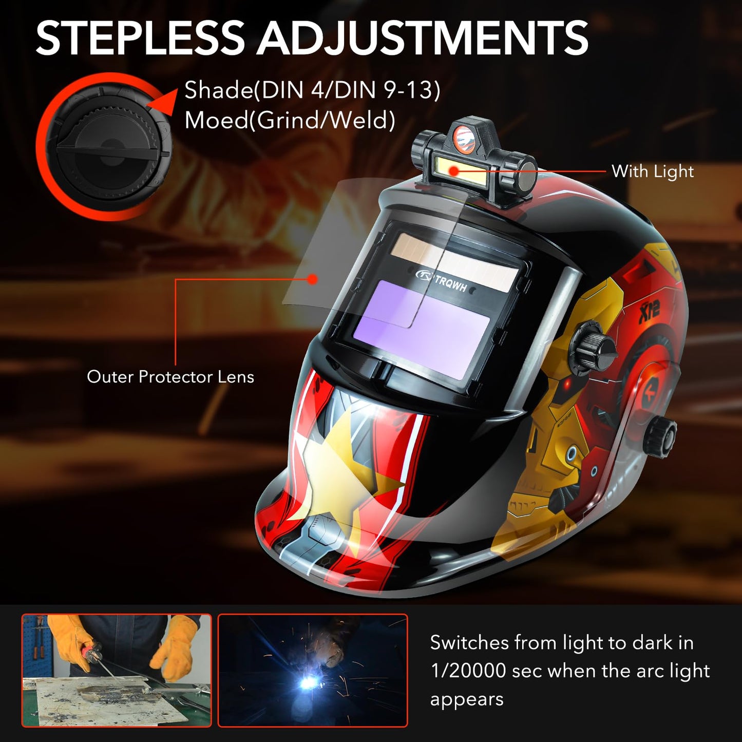 Welding Hood Auto Darkening Welding Helmet with Light True Color 1/1/1/2 Top Optical Clarity Wide Shade 9-13 Welding Mask with Grinding Weld Helmet (KTS-HD104)