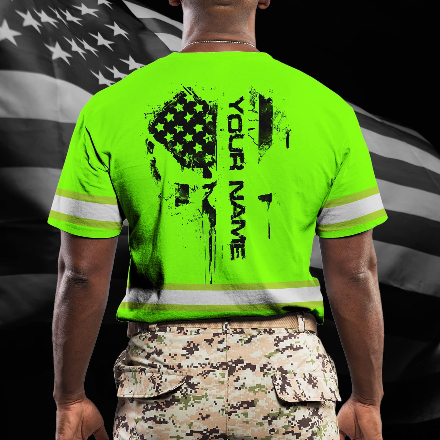 Color US Flag Skull High Visibility Shirt for Men Custom Name Safety Shirts Workwear for Patriotic, Runners