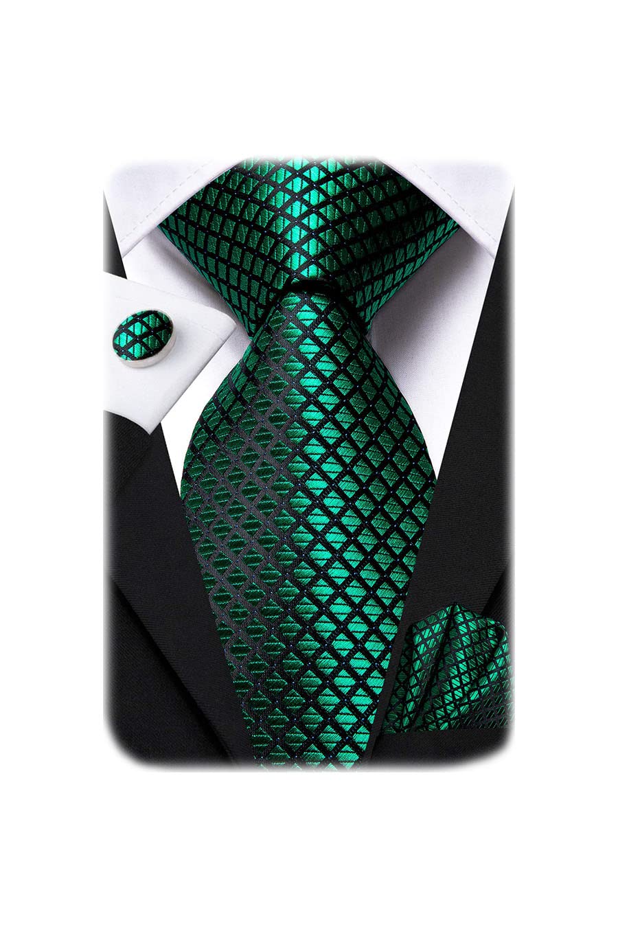 Hi-Tie Mens Plaid Ties Classic Paisley Necktie with Handkerchief Cufflinks Set Business Stripe Tie