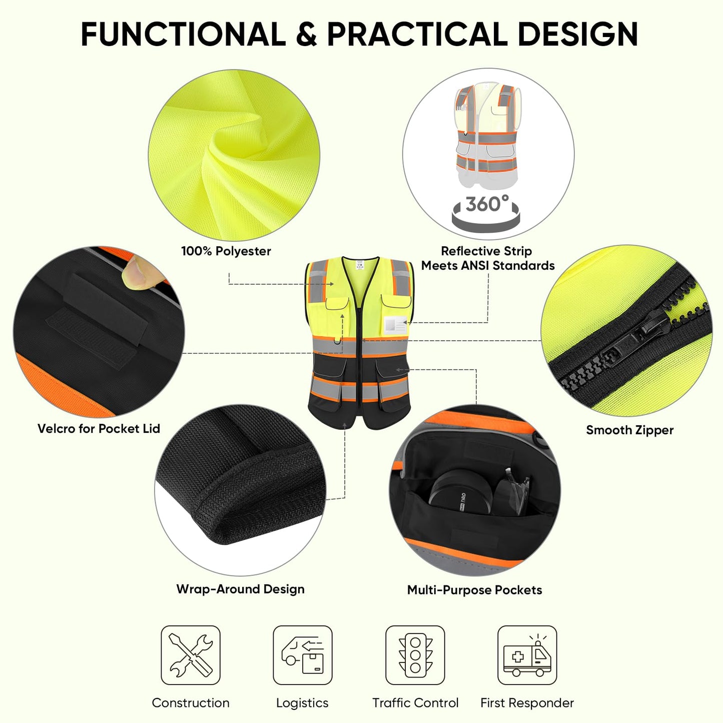 TICONN Reflective Safety Vest High Visibility Class II Mesh Vest for Women & Men Meets ANSI Standards