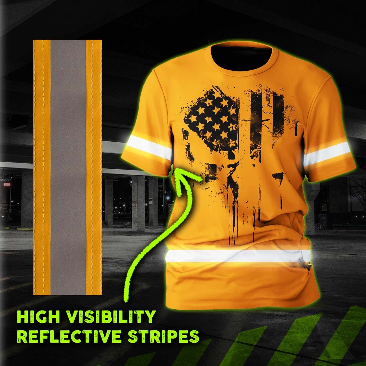 Color US Flag Skull High Visibility Shirt for Men Custom Name Safety Shirts Workwear for Patriotic, Runners