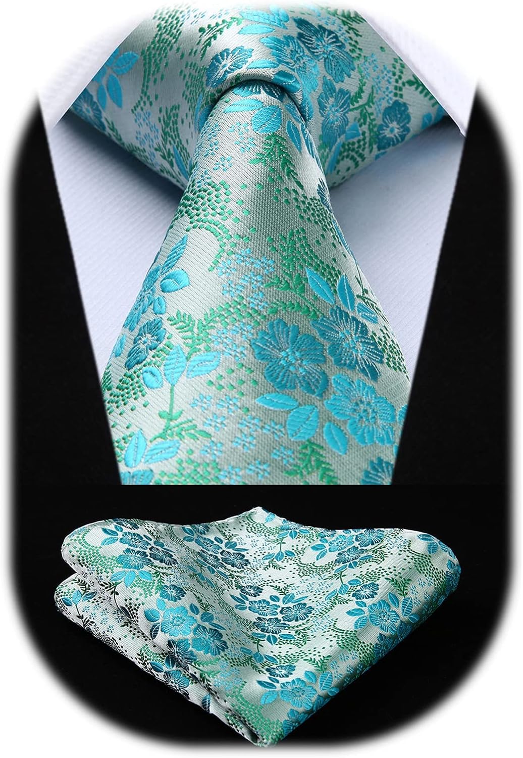 Men Floral Ties Woven Classic 3.4" NeckTie Set Formal Tie Pocket Square for Wedding with Handkerchief