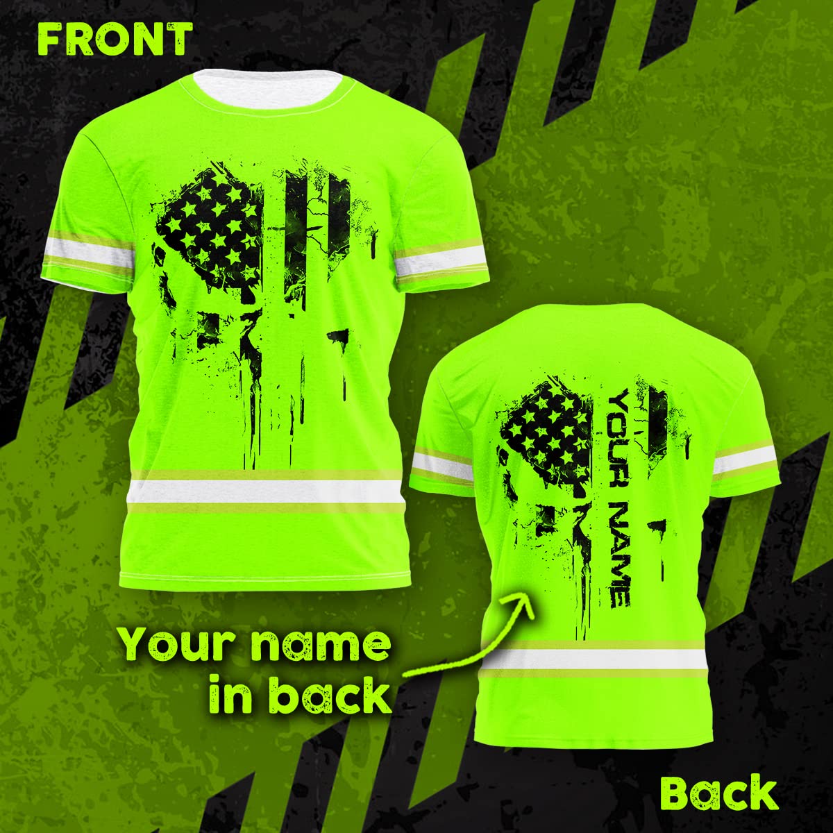 Color US Flag Skull High Visibility Shirt for Men Custom Name Safety Shirts Workwear for Patriotic, Runners