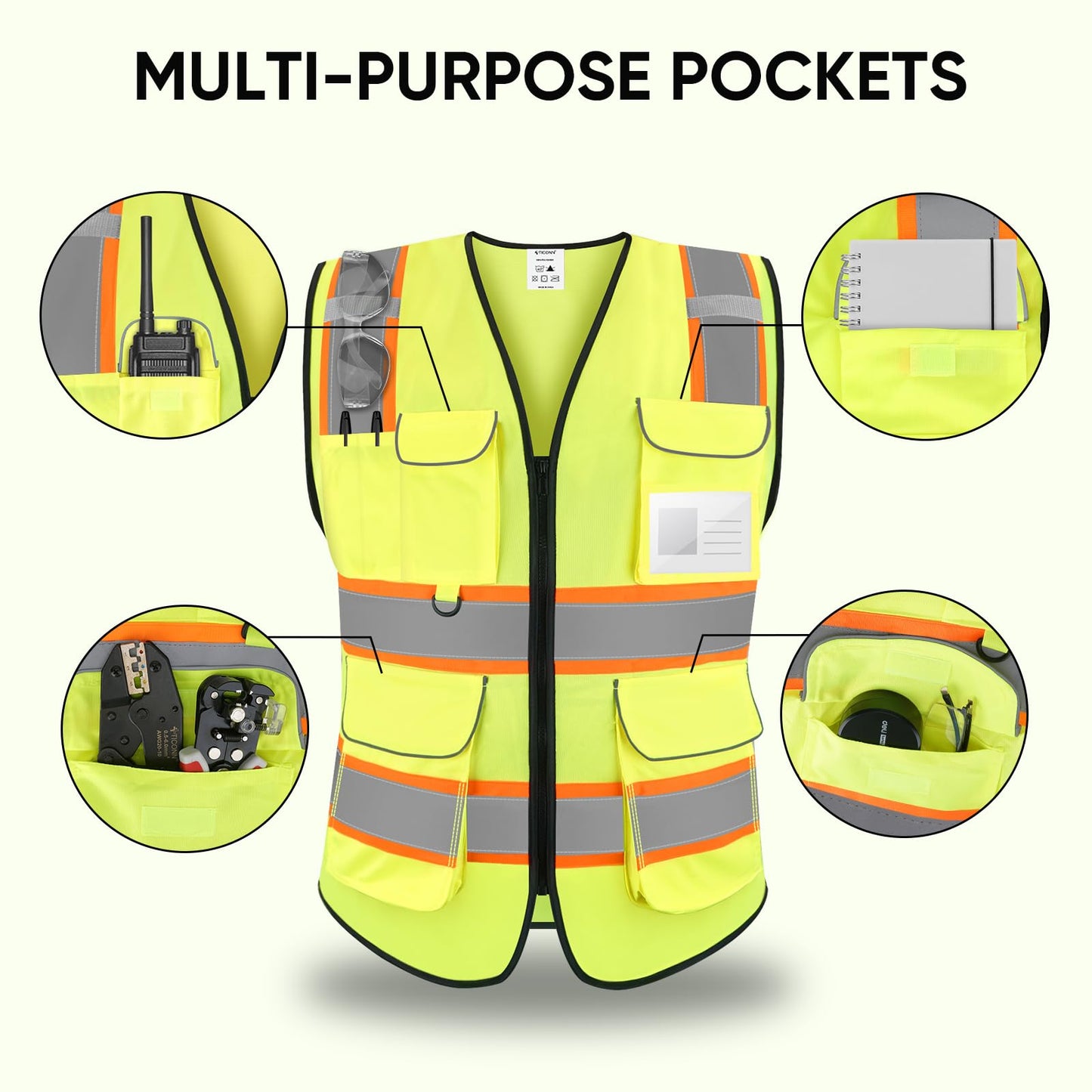 TICONN Reflective Safety Vest High Visibility Class II Mesh Vest for Women & Men Meets ANSI Standards