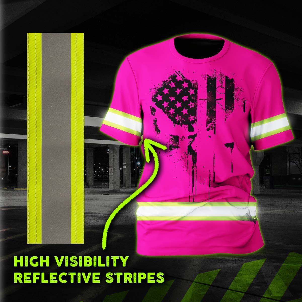 Color US Flag Skull High Visibility Shirt for Men Custom Name Safety Shirts Workwear for Patriotic, Runners