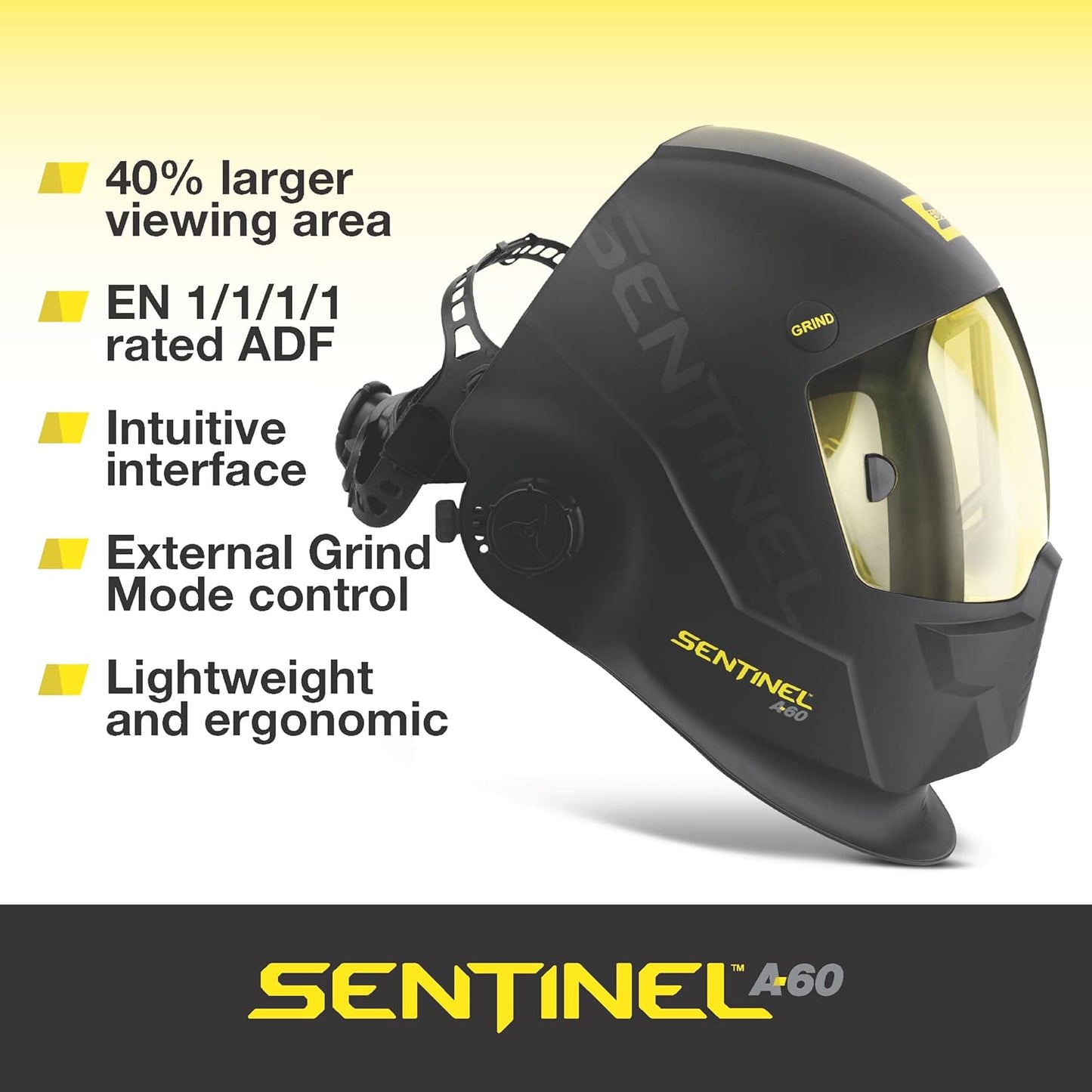 ESAB® Sentinel™ A60 Welding Helmet, Black Low-Profile Design, High Impact Resistance Nylon, Large Viewing Area 4.65 in x 2.80 in