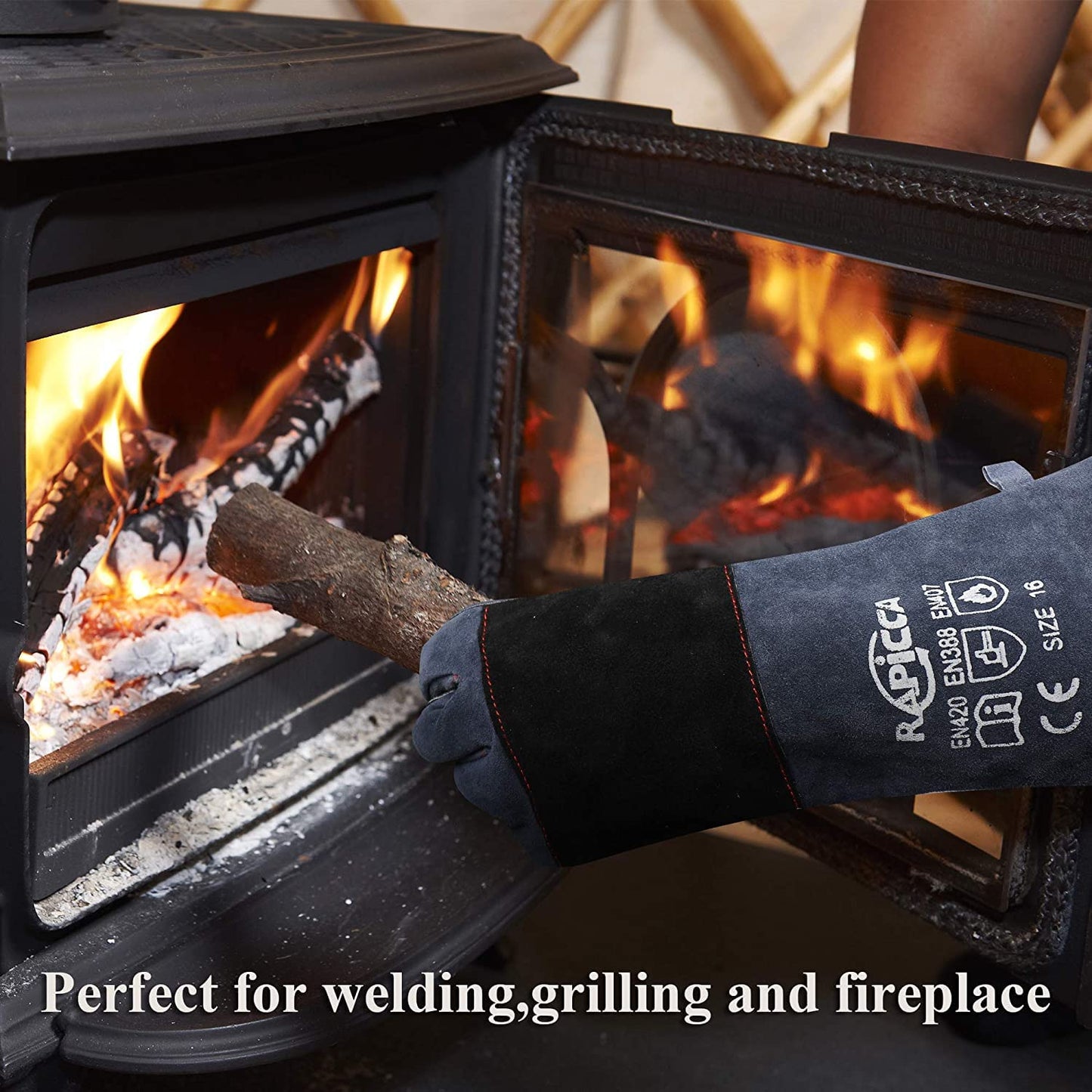 RAPICCA Fireplace Gloves Fire Heat Resistant: Dark-Grey 16IN 932℉ - Fireproof Leather for Fireplace Fire pit Wood stove Campfire Furnace BBQ Grill Stick Mig Welding Welder Gear - one size