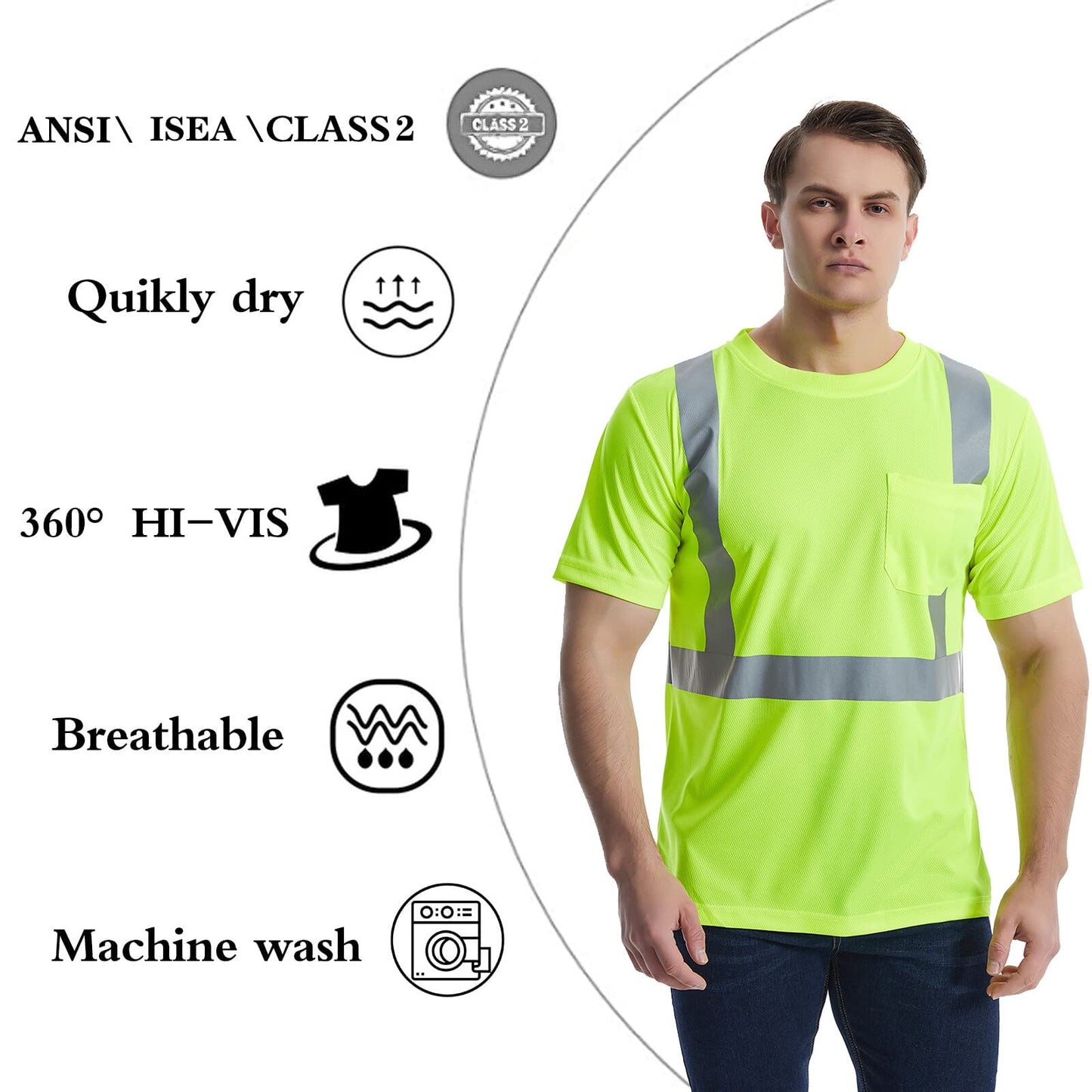 High Visibility Shirts Quick Dry Safety T Shirts with Reflective Strips and Pocket Short Sleeve Mesh Hi Vis Construction Work Class 2 Shirt for Men/Women Black Bottom Lime,Medium