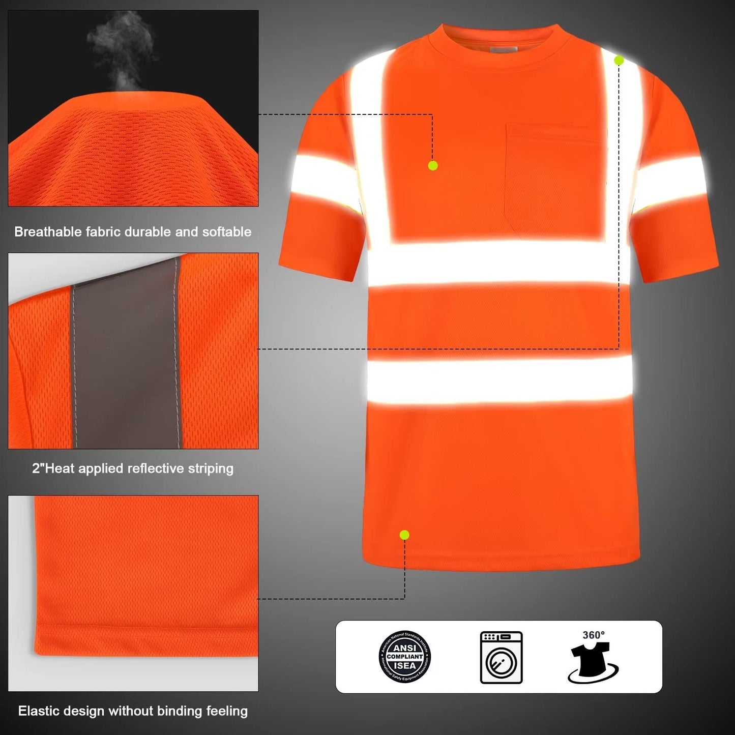 High Visibility Shirts Quick Dry Safety T Shirts with Reflective Strips and Pocket Short Sleeve Mesh Hi Vis Construction Work Class 2 Shirt for Men/Women Black Bottom Lime,Medium