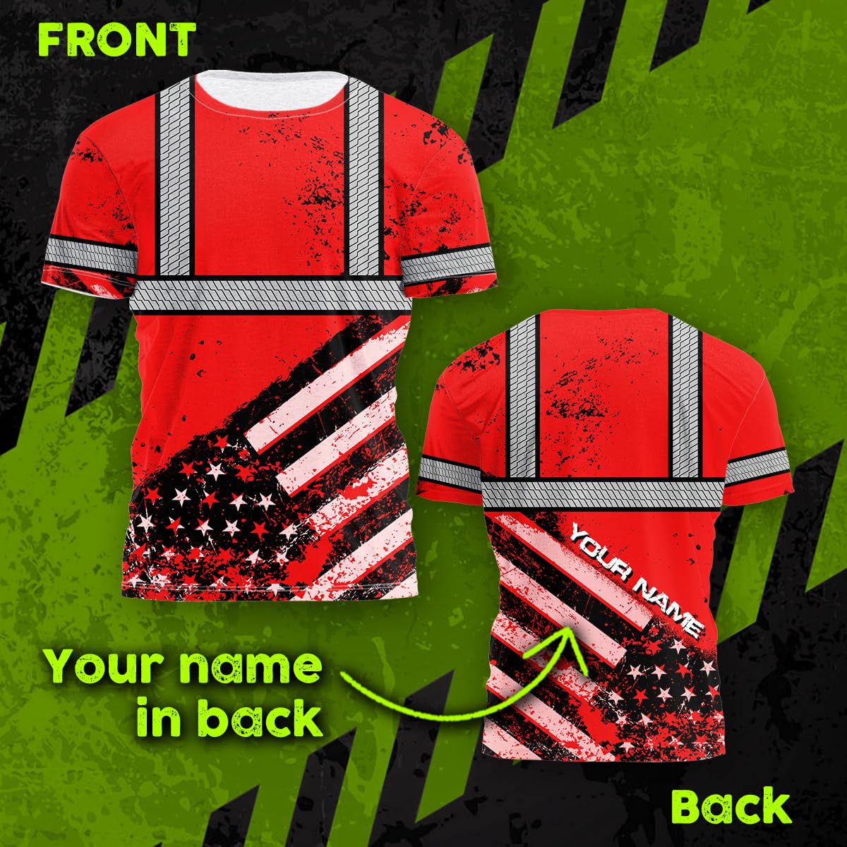 Color US Flag Skull High Visibility Shirt for Men Custom Name Safety Shirts Workwear for Patriotic, Runners