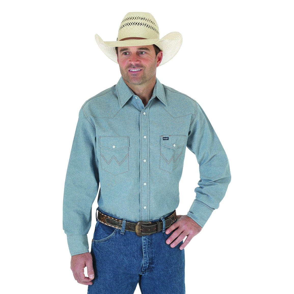 Wrangler Mens Cowboy Cut Firm Finish Long Sleeve Western Snap Solid Work Shirt