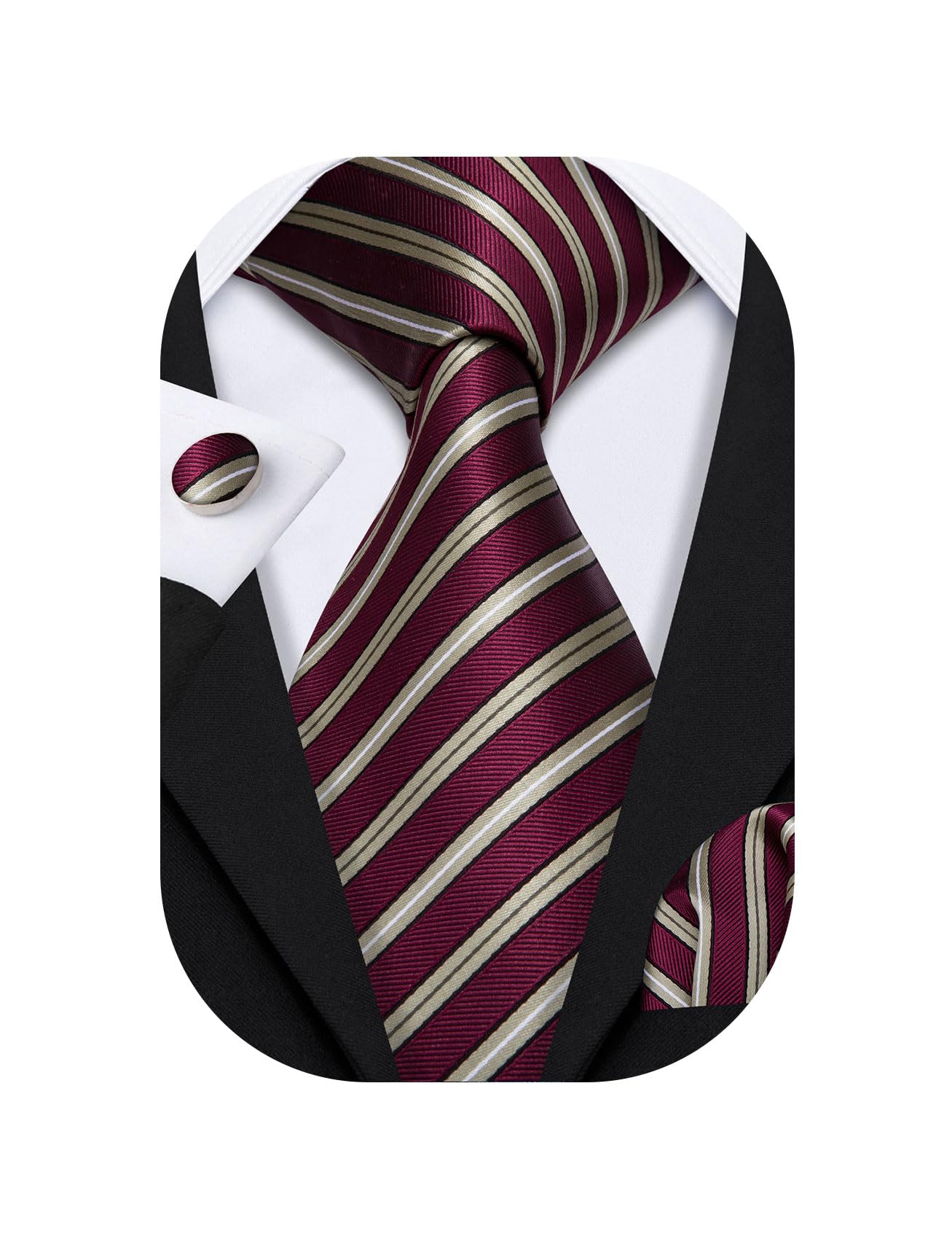 Barry.Wang Stripe Men Ties Set Classic WOVEN Necktie with Handkerchief Cufflinks Formal