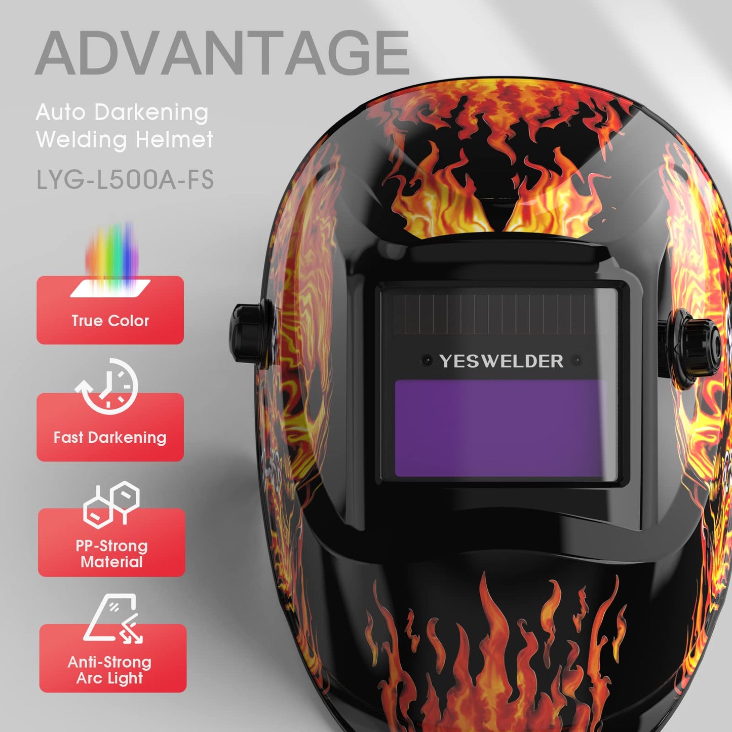 YESWELDER True Color Solar Powered Auto Darkening Welding Helmet, Wide Shade 4/9-13 for TIG MIG ARC Weld Hood Helmet LYG-L500A-VM