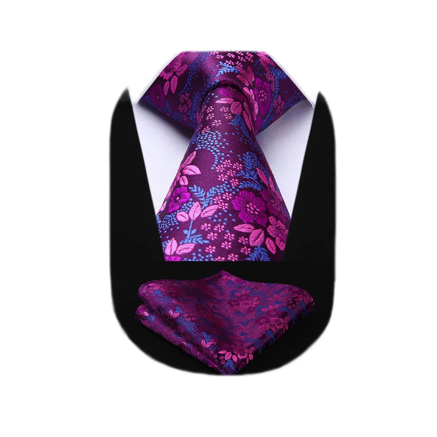 Men Floral Ties Woven Classic 3.4" NeckTie Set Formal Tie Pocket Square for Wedding with Handkerchief