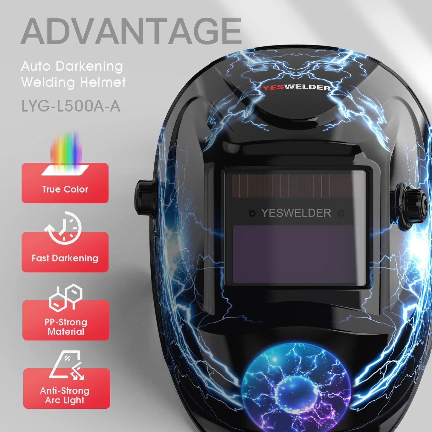 YESWELDER True Color Solar Powered Auto Darkening Welding Helmet, Wide Shade 4/9-13 for TIG MIG ARC Weld Hood Helmet LYG-L500A-VM