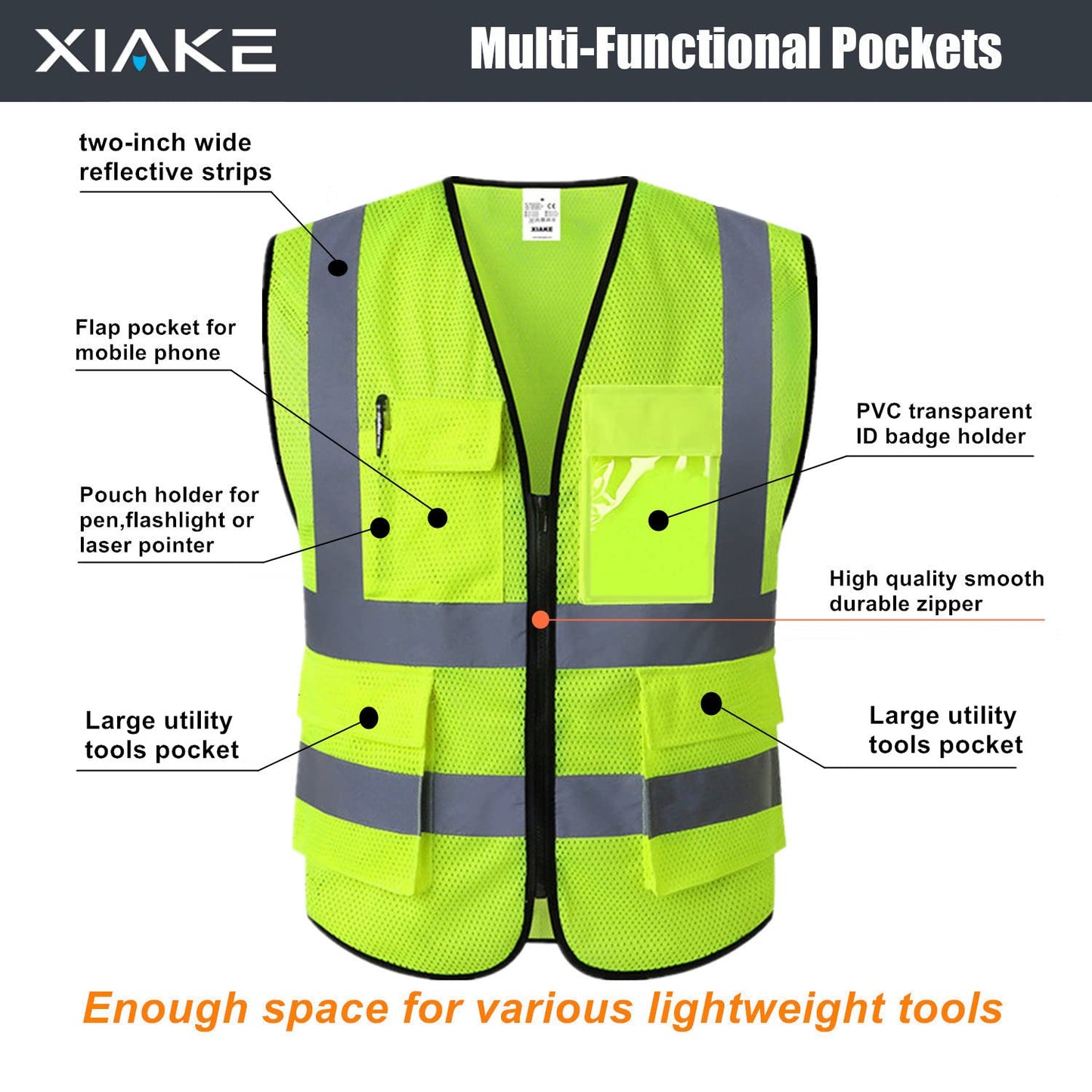 XIAKE Multiple Pockets Class 2 High Visibility Reflective Safety Vest Men Women Work Construction Vest Meets ANSI Standards