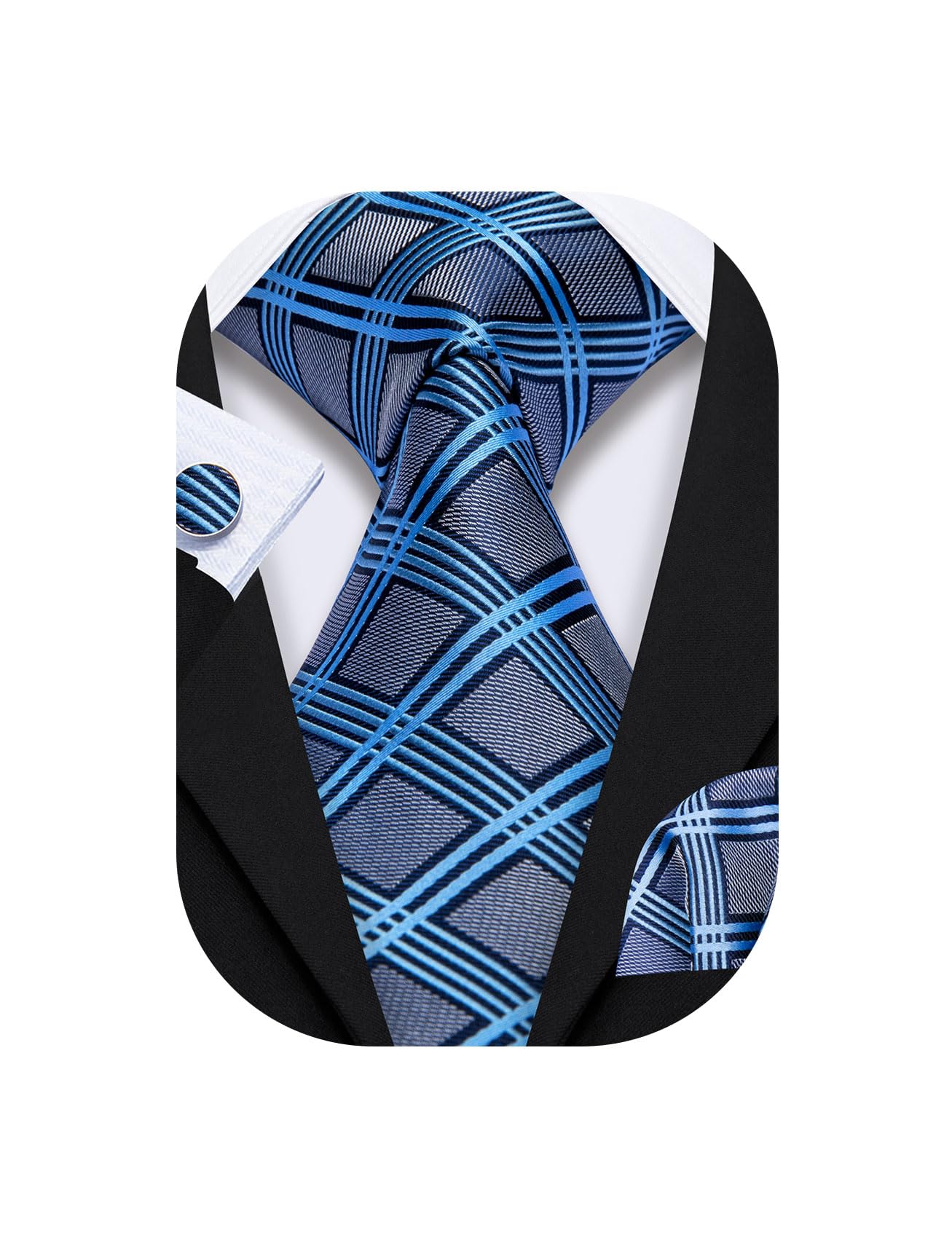 Barry.Wang Designer Classic Ties for Men Set Formal Pocket Square Cufflink Check Plaid