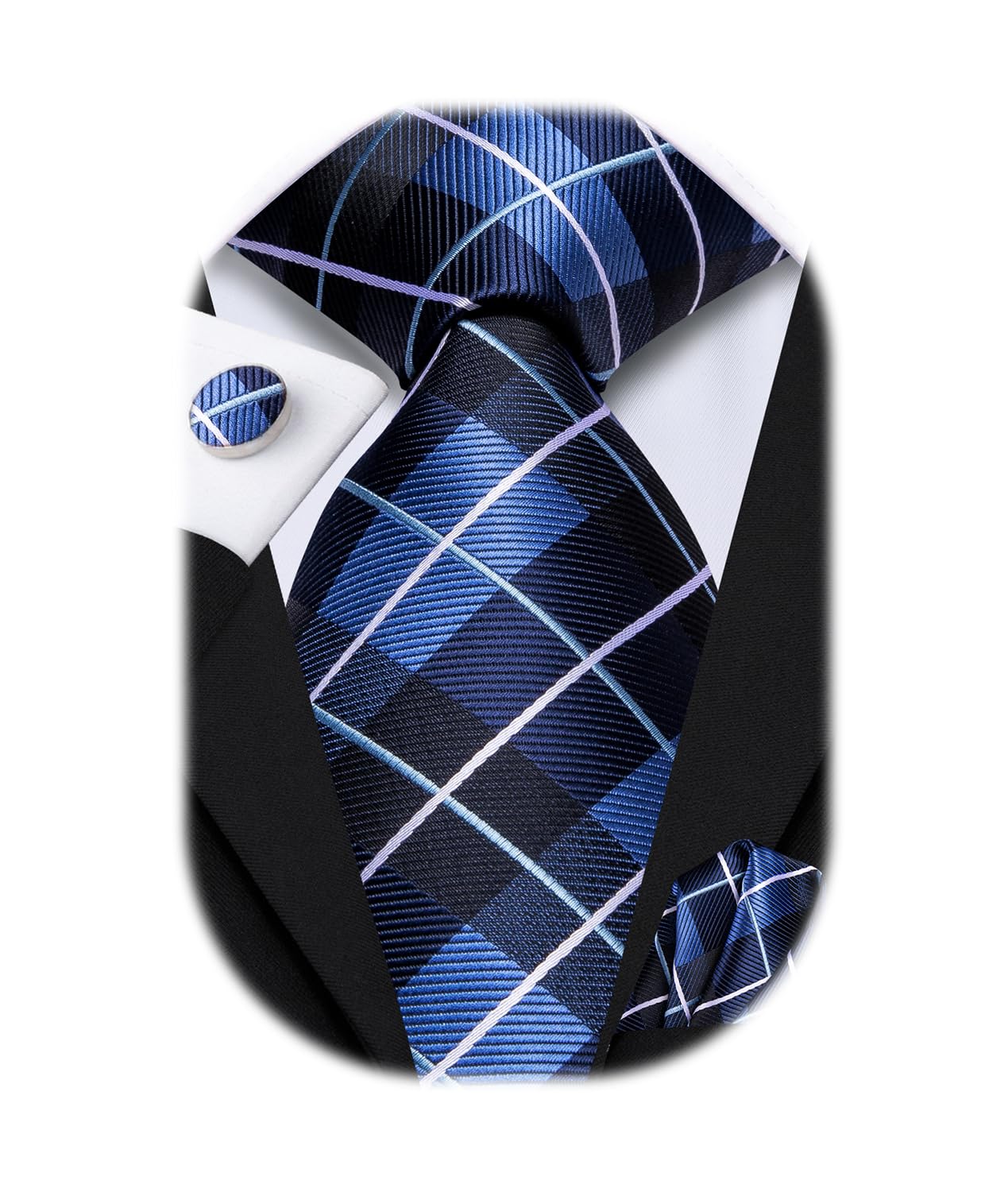 Hi-Tie Mens Plaid Ties Classic Paisley Necktie with Handkerchief Cufflinks Set Business Stripe Tie