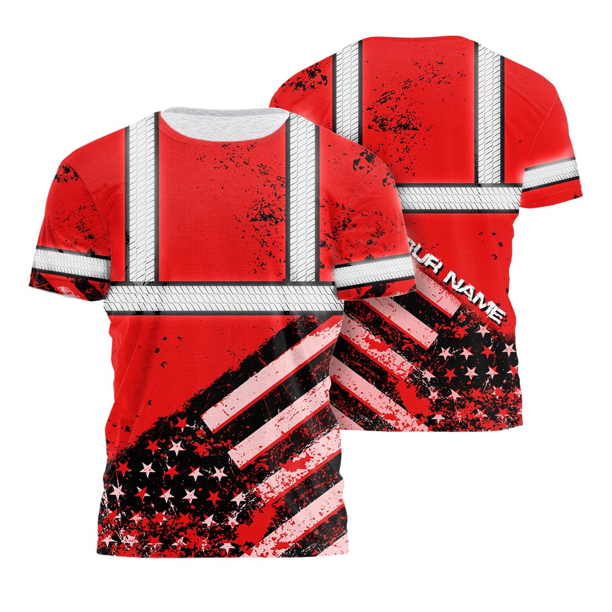 Color US Flag Skull High Visibility Shirt for Men Custom Name Safety Shirts Workwear for Patriotic, Runners