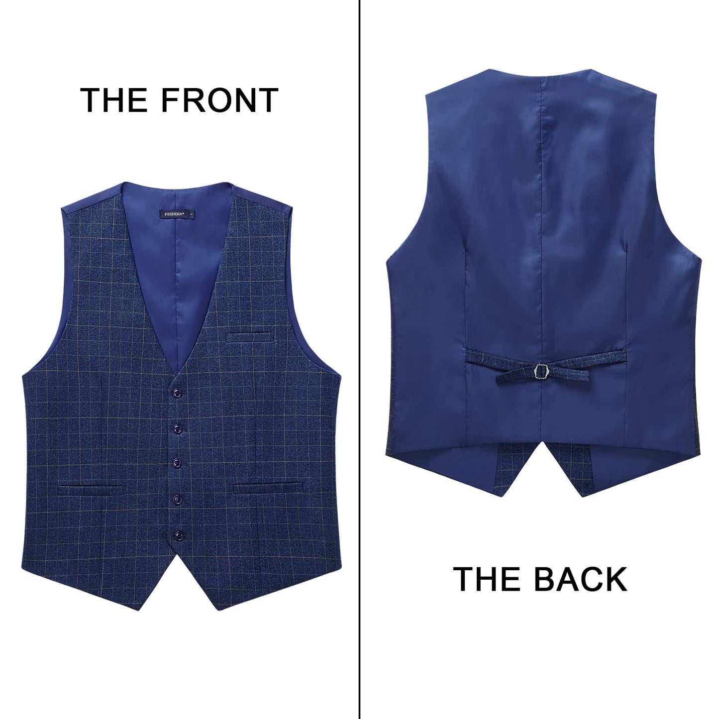 HISDERN Men's Suit Vest Plaid Dress Vest for Men Slim Fit Formal Business Waistcoat Tuxedo V-Ncek Solid Vest for Wedding