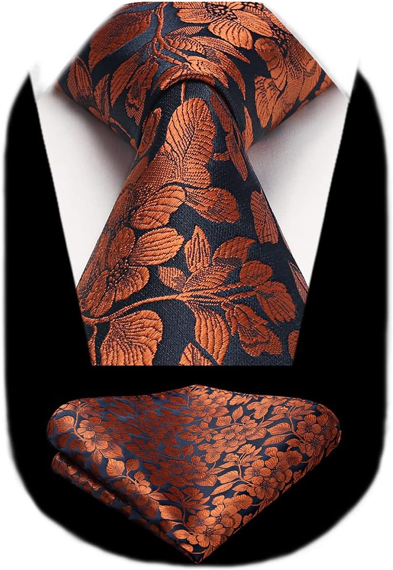 Men Floral Ties Woven Classic 3.4" NeckTie Set Formal Tie Pocket Square for Wedding with Handkerchief