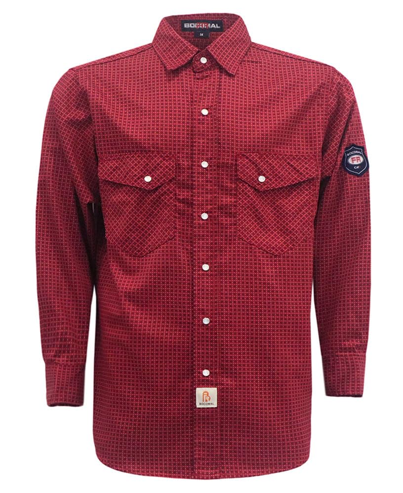 BOCOMAL FR Shirts for Men Printed Plaid Flame Resistant Clothing 6.5oz Cotton Button Up Welding Shirts NFPA2112 CAT2