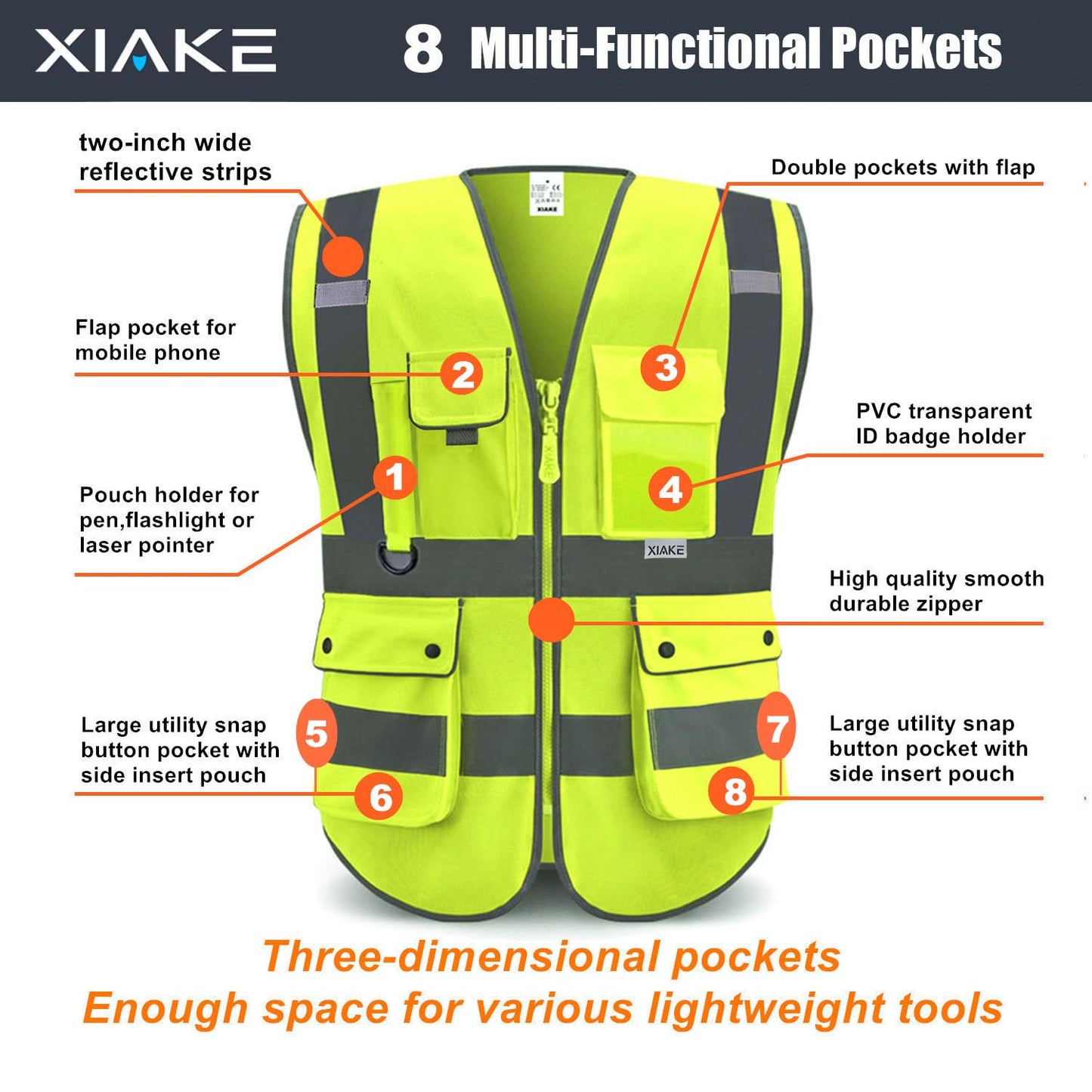 XIAKE Multiple Pockets Class 2 High Visibility Reflective Safety Vest Men Women Work Construction Vest Meets ANSI Standards