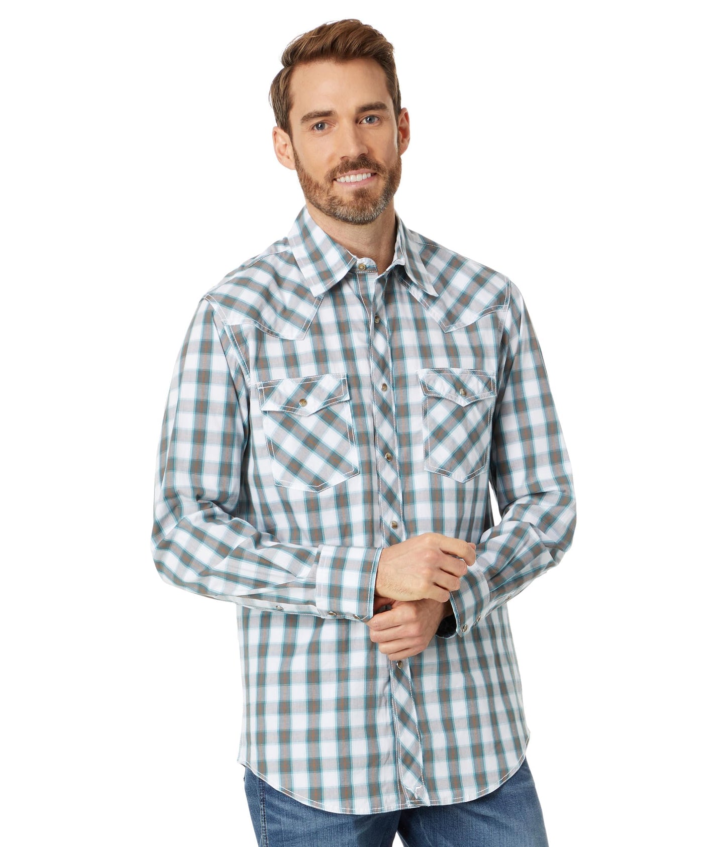 Wrangler Mens Logo Long Sleeve Western Snap Plaid Shirt